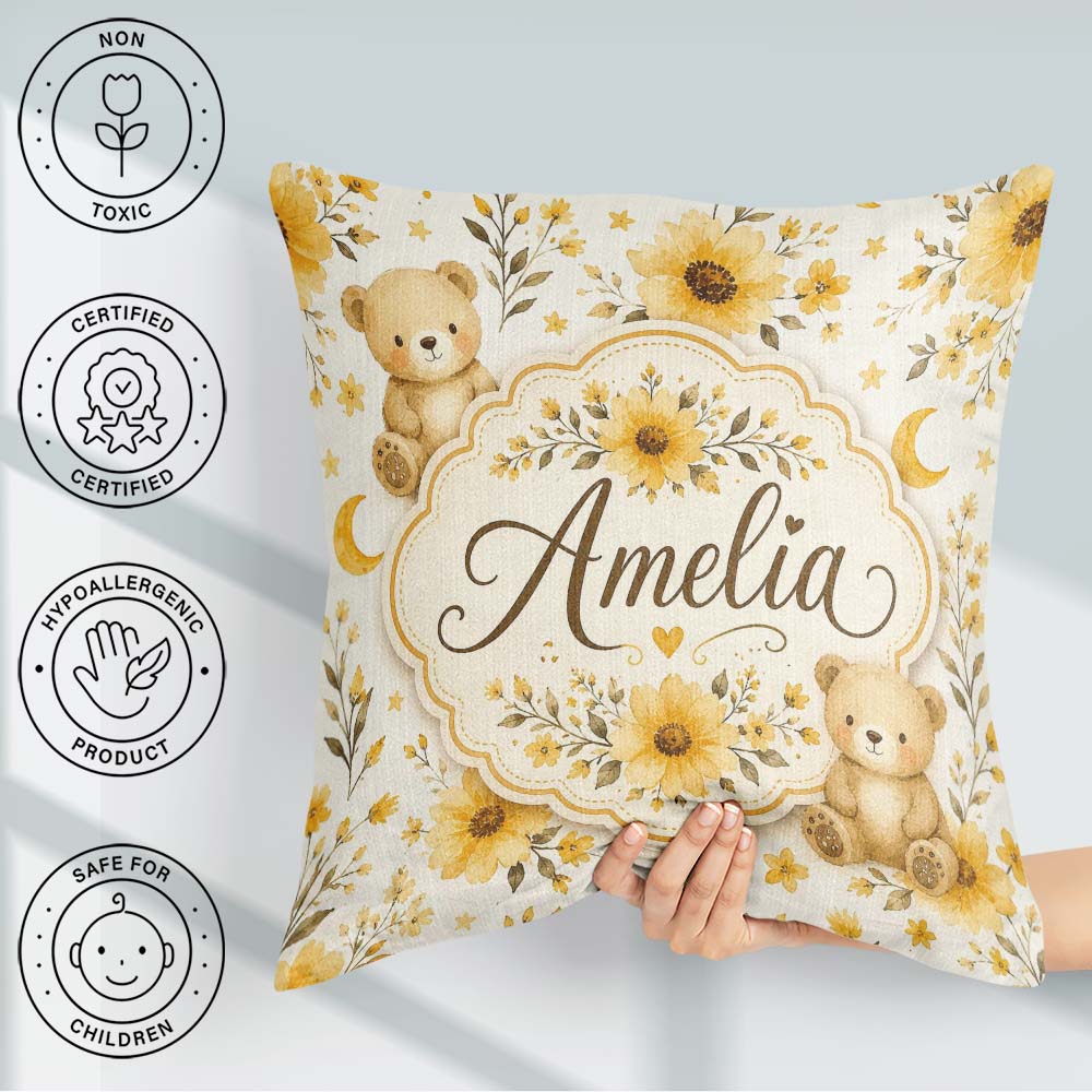 Custom Name Teddy Bears with Yellow Flowers Seamless Pattern Square Filled Cushion Throw Pillow Sofa Bed Home Decor Zip Washable UK Made