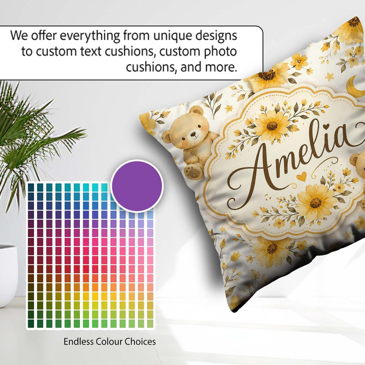 Custom Name Teddy Bears with Yellow Flowers Seamless Pattern Square Filled Cushion Throw Pillow Sofa Bed Home Decor Zip Washable UK Made