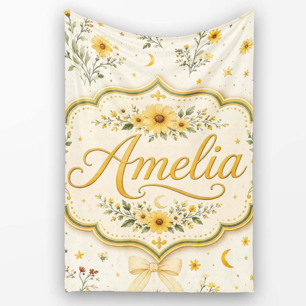 Yellow Wildflower Botanical with Moon and Stars Seamless Pattern Personalised Custom Name Super Soft Fleece Blanket Bed Sofa Throw