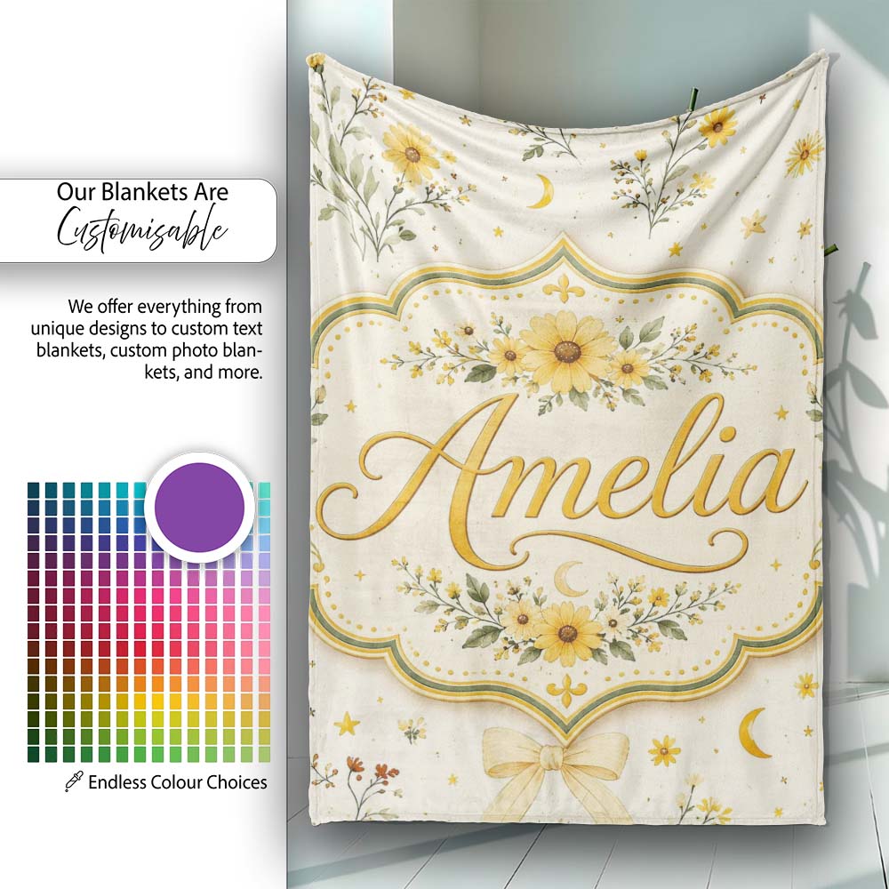Yellow Wildflower Botanical with Moon and Stars Seamless Pattern Personalised Custom Name Super Soft Fleece Blanket Bed Sofa Throw