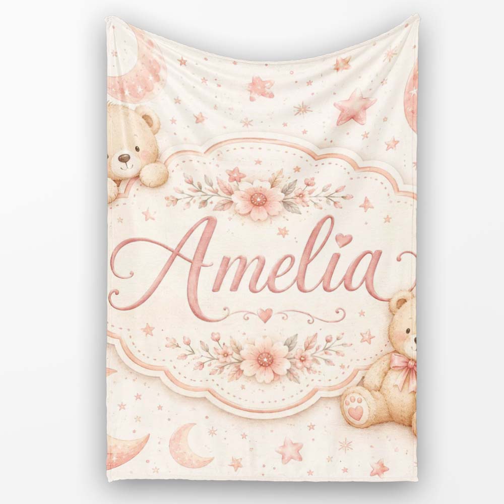 Soft Pink Crescent Moon and Stars Minimal Seamless Pattern Lovely Personalised Custom Name Super Soft Fleece Blanket Bed Sofa Throw