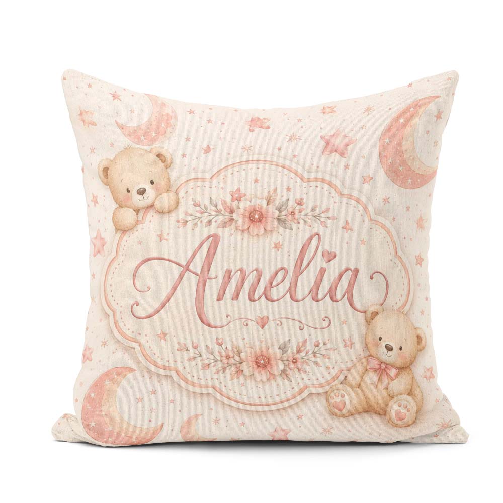 Custom Name Soft Pink Crescent Moon and Minimal Seamless Pattern Square Filled Cushion Throw Pillow Sofa Bed Home Decor Zip Washable UK Made