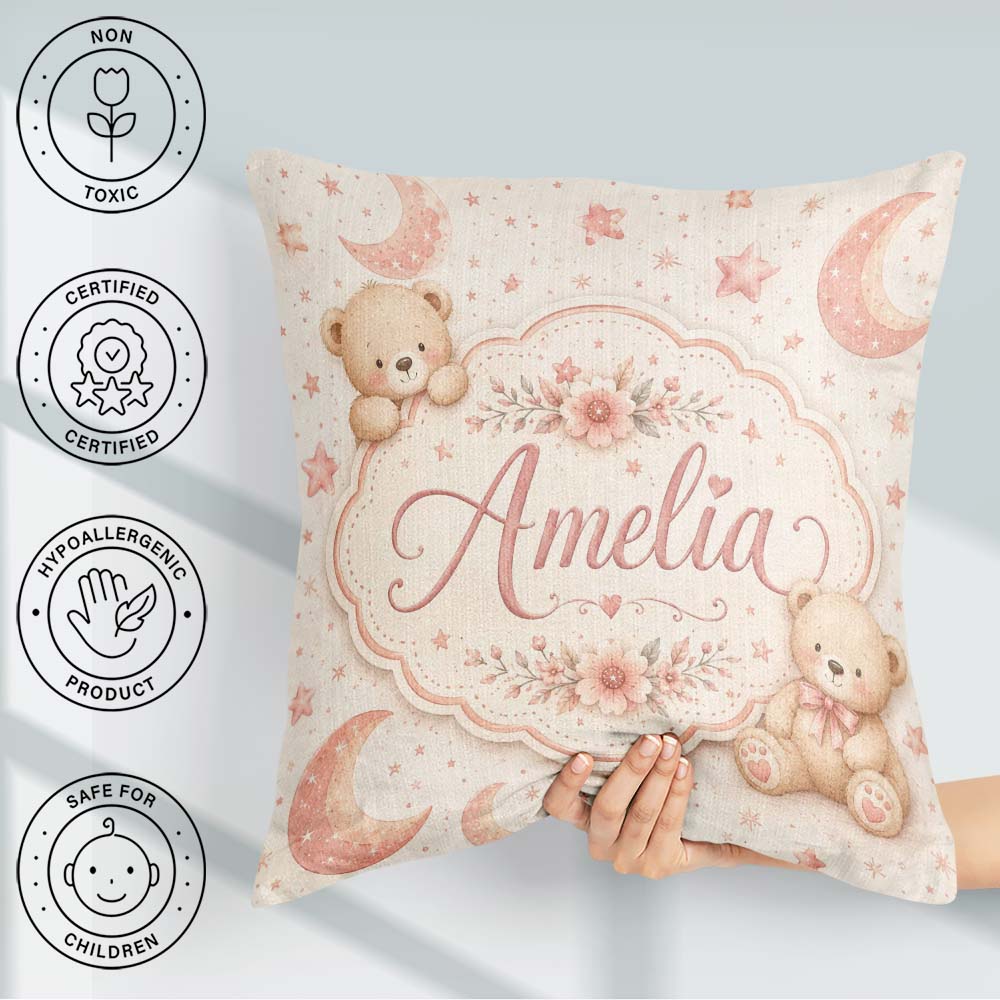 Custom Name Soft Pink Crescent Moon and Minimal Seamless Pattern Square Filled Cushion Throw Pillow Sofa Bed Home Decor Zip Washable UK Made