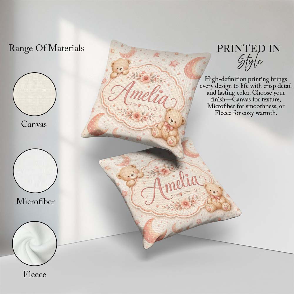 Custom Name Soft Pink Crescent Moon and Minimal Seamless Pattern Square Filled Cushion Throw Pillow Sofa Bed Home Decor Zip Washable UK Made