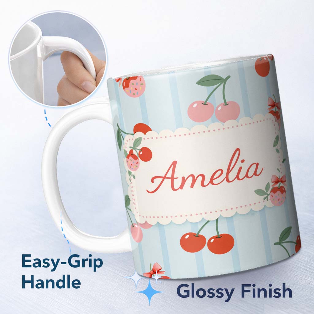 Personalized Custom Name Cherry Fruit Vertical Stripe Blue Background Seamless Pattern Lovely 11oz Ceramic Coffee Tea Mug White Large Handle