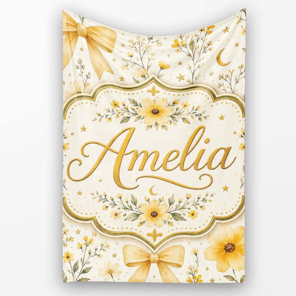 Elegant Yellow Floral Bow Botanical Seamless Pattern Lovely Personalised Custom Name Super Soft Fleece Blanket Bed Sofa Throw