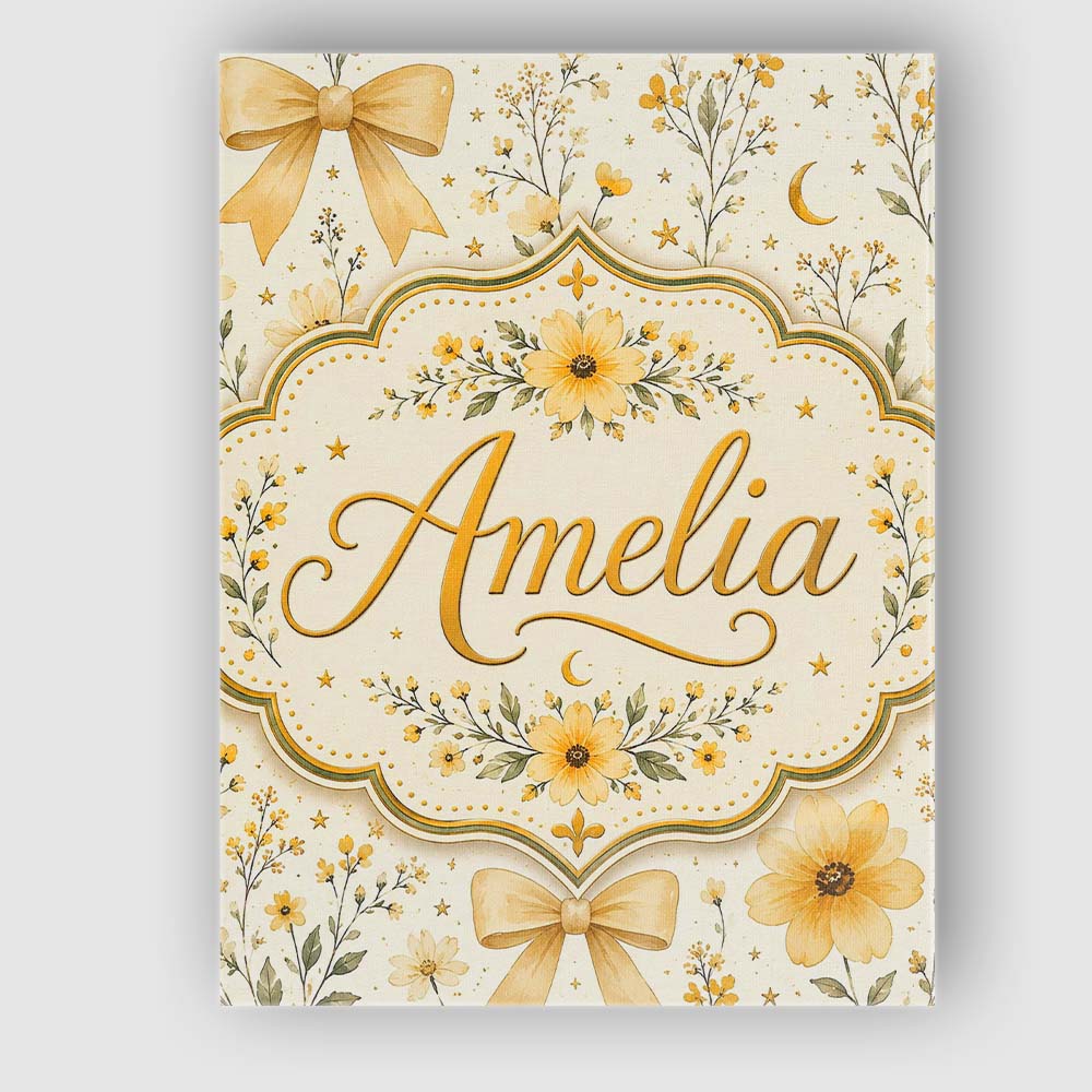 Personalised Name Elegant Yellow Floral Bow Custom Bespoke Interior Contemporary Canvas Wall Art Print Decor Picture Ready to Hang