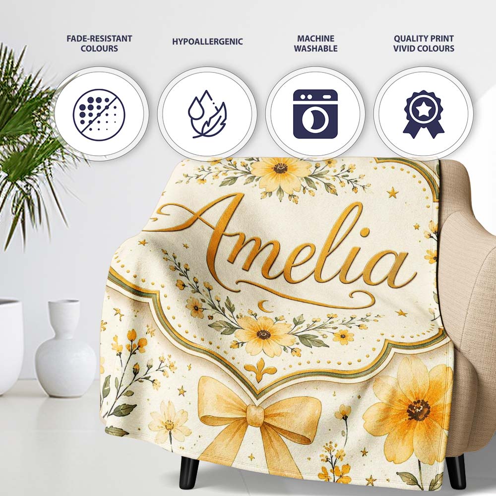 Elegant Yellow Floral Bow Botanical Seamless Pattern Lovely Personalised Custom Name Super Soft Fleece Blanket Bed Sofa Throw