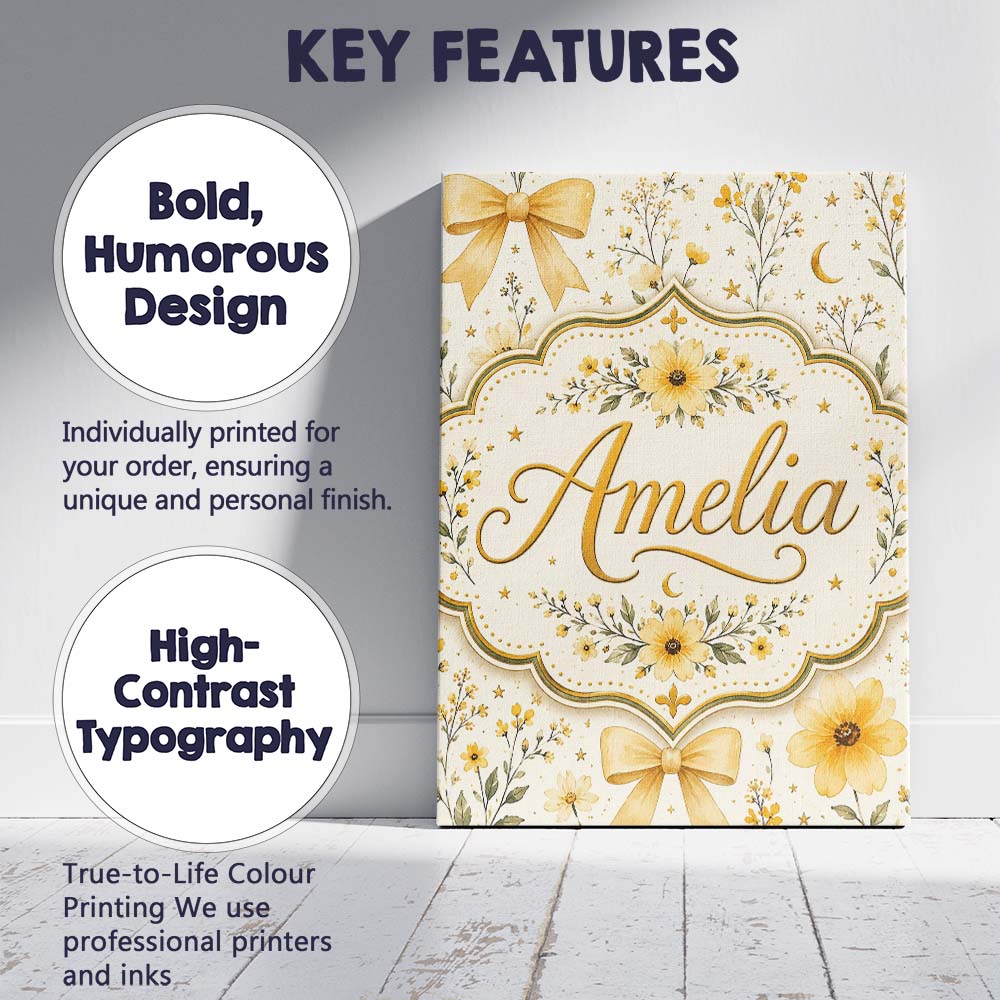 Personalised Name Elegant Yellow Floral Bow Custom Bespoke Interior Contemporary Canvas Wall Art Print Decor Picture Ready to Hang