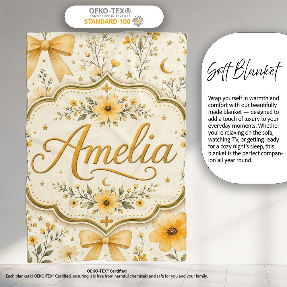 Elegant Yellow Floral Bow Botanical Seamless Pattern Lovely Personalised Custom Name Super Soft Fleece Blanket Bed Sofa Throw