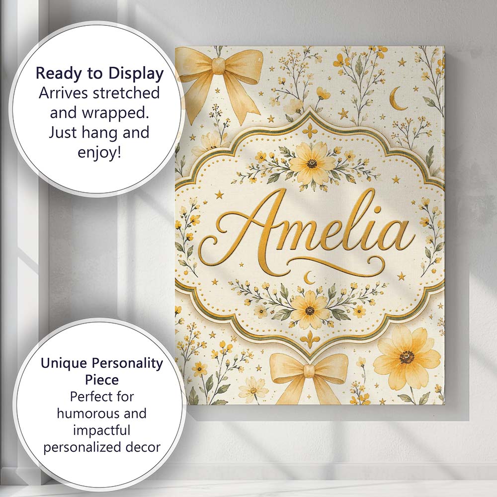 Personalised Name Elegant Yellow Floral Bow Custom Bespoke Interior Contemporary Canvas Wall Art Print Decor Picture Ready to Hang