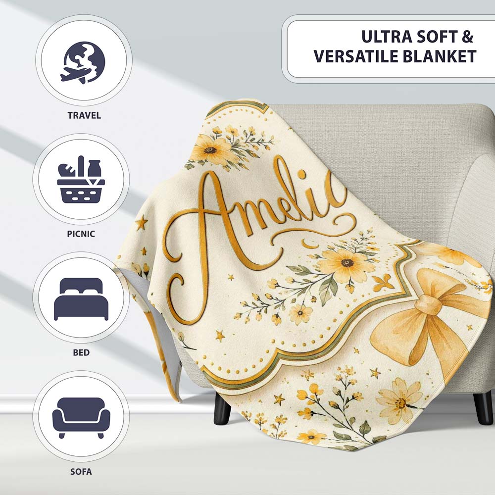 Elegant Yellow Floral Bow Botanical Seamless Pattern Lovely Personalised Custom Name Super Soft Fleece Blanket Bed Sofa Throw