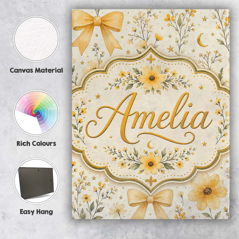 Personalised Name Elegant Yellow Floral Bow Custom Bespoke Interior Contemporary Canvas Wall Art Print Decor Picture Ready to Hang