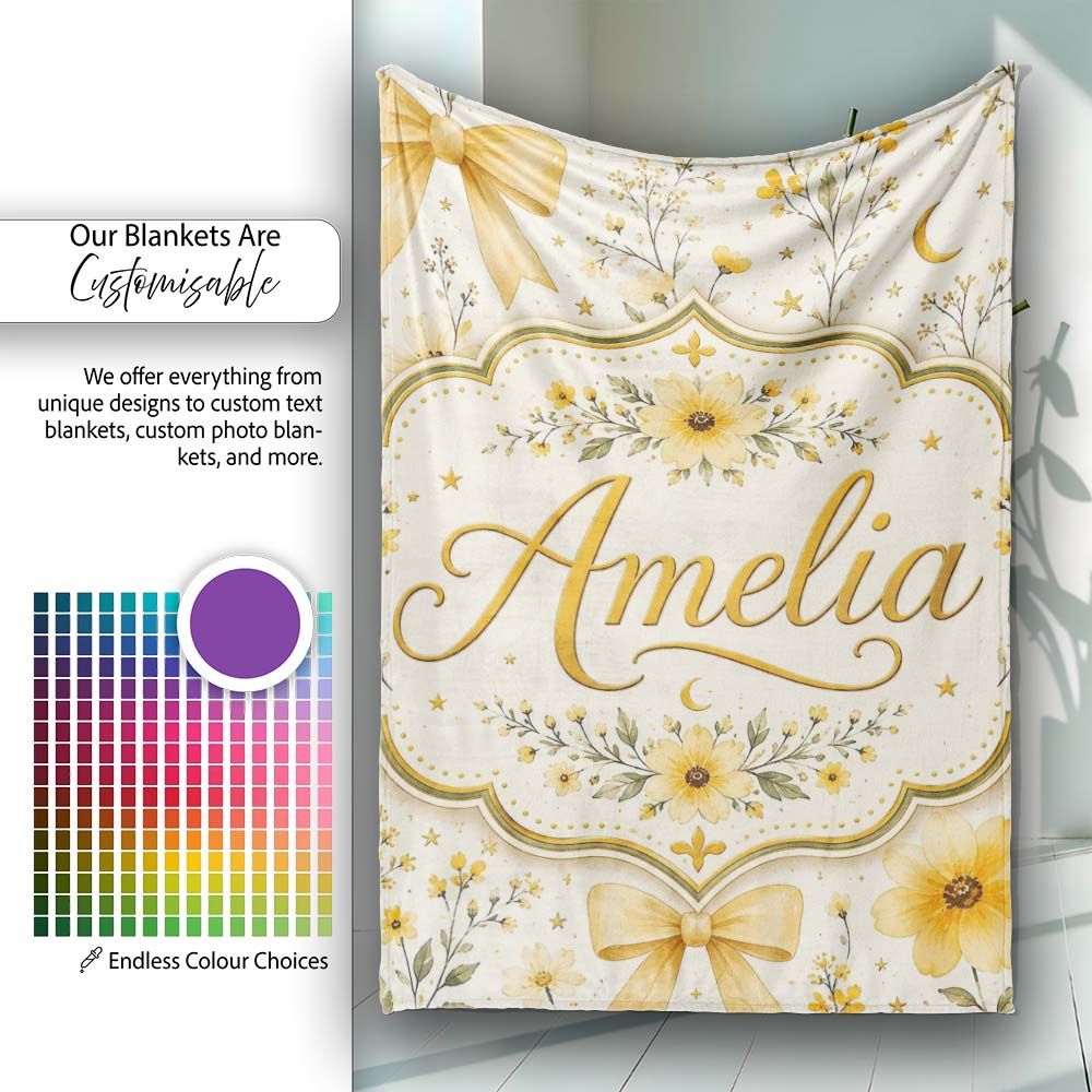 Elegant Yellow Floral Bow Botanical Seamless Pattern Lovely Personalised Custom Name Super Soft Fleece Blanket Bed Sofa Throw