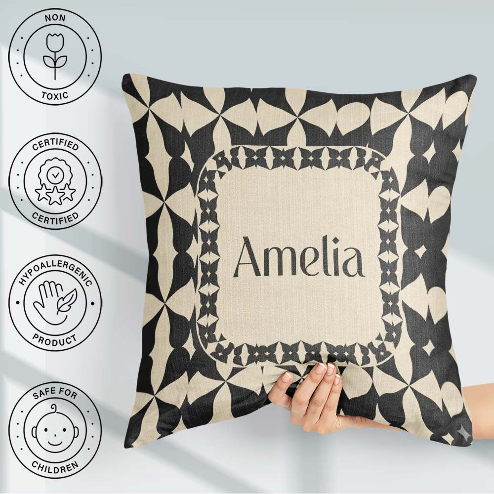 Custom Name Symmetrical Petal Tile Black Cream Geometric Pattern Square Filled Cushion Throw Pillow Sofa Bed Home Decor Zip Washable UK Made