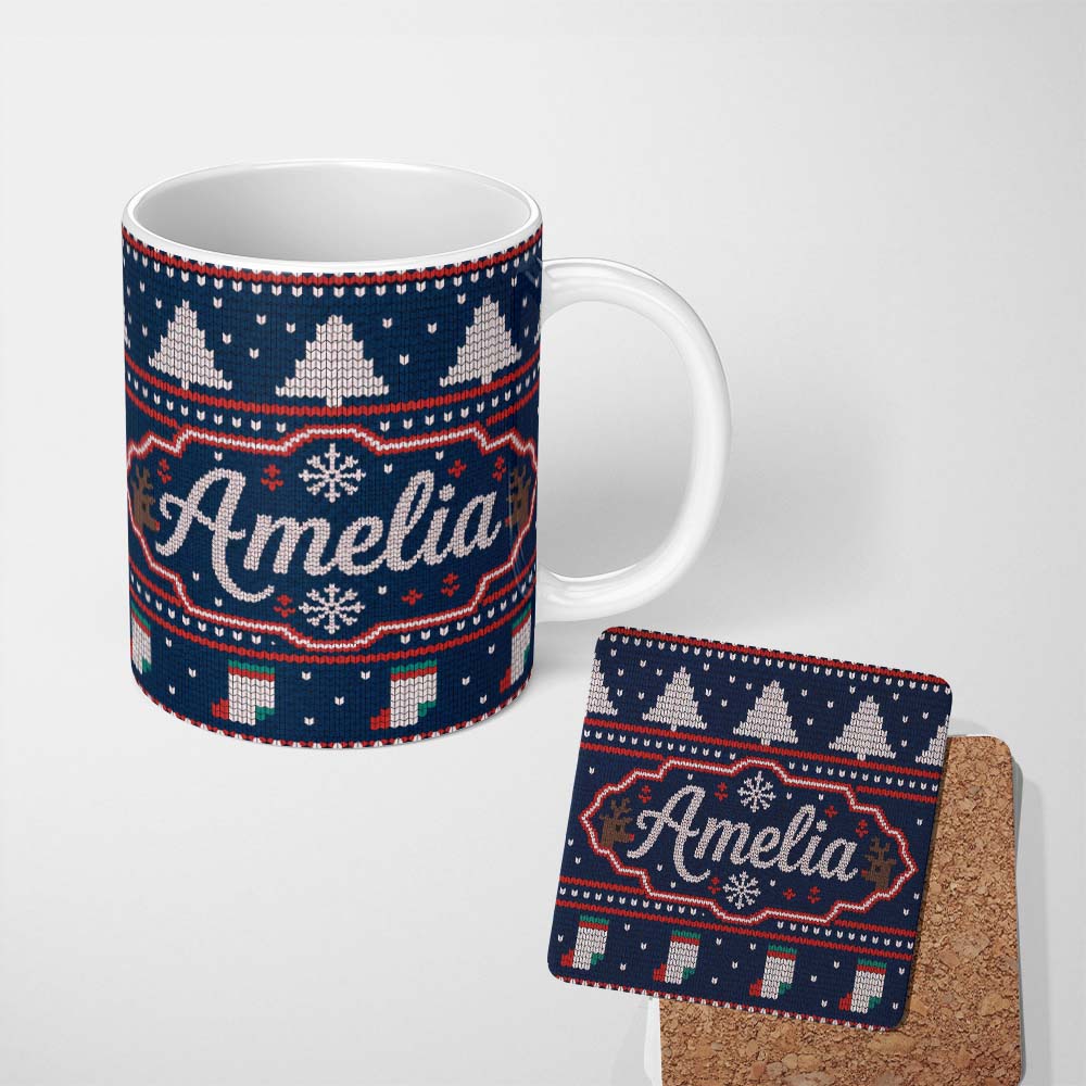 Personalized Custom Name Cute Blue Nordic Reindeer Mountain Winter Knitted Seamless Pattern 11oz Ceramic Coffee Tea Mug White Large Handle