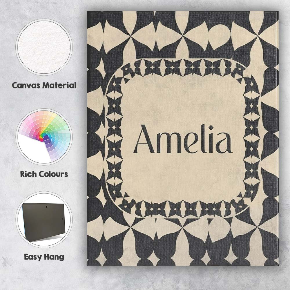 Personalised Name Symmetrical Petal Tile Black Cream Geometric Custom Modern Room Accent Canvas Wall Art Print Decor Picture Ready to Hang
