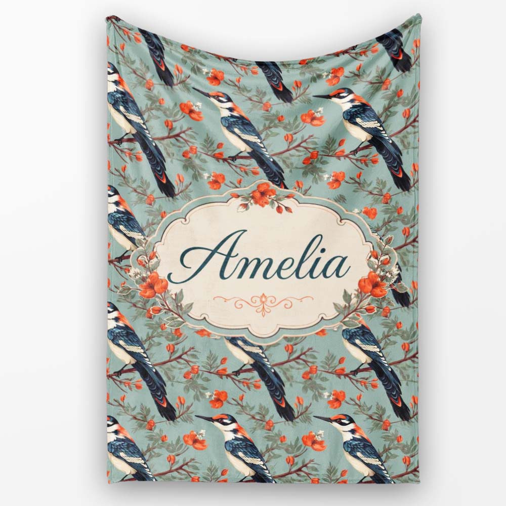 Vintage Style Bird with Red Flowers on Blue Background Seamless Personalised Custom Name Super Soft Fleece Blanket Bed Sofa Throw