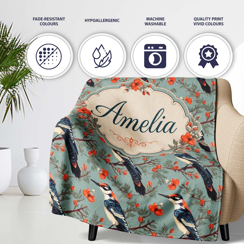 Vintage Style Bird with Red Flowers on Blue Background Seamless Personalised Custom Name Super Soft Fleece Blanket Bed Sofa Throw
