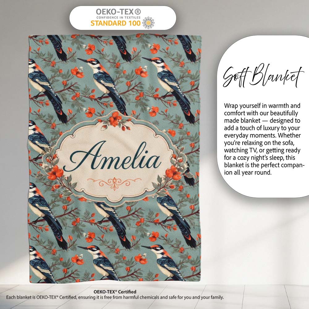 Vintage Style Bird with Red Flowers on Blue Background Seamless Personalised Custom Name Super Soft Fleece Blanket Bed Sofa Throw