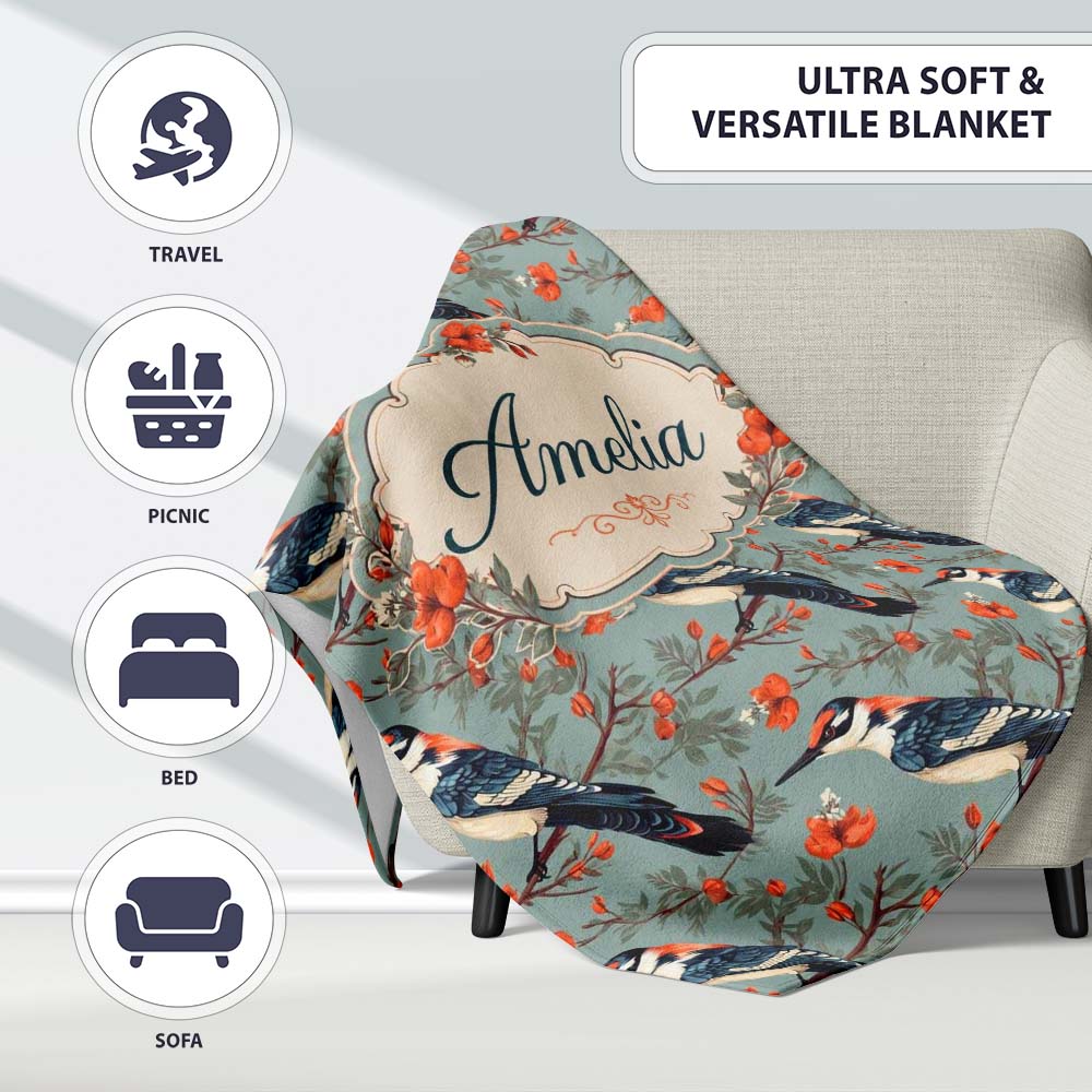 Vintage Style Bird with Red Flowers on Blue Background Seamless Personalised Custom Name Super Soft Fleece Blanket Bed Sofa Throw