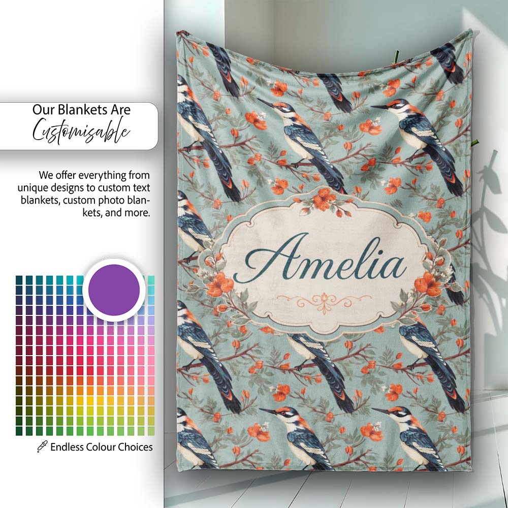 Vintage Style Bird with Red Flowers on Blue Background Seamless Personalised Custom Name Super Soft Fleece Blanket Bed Sofa Throw