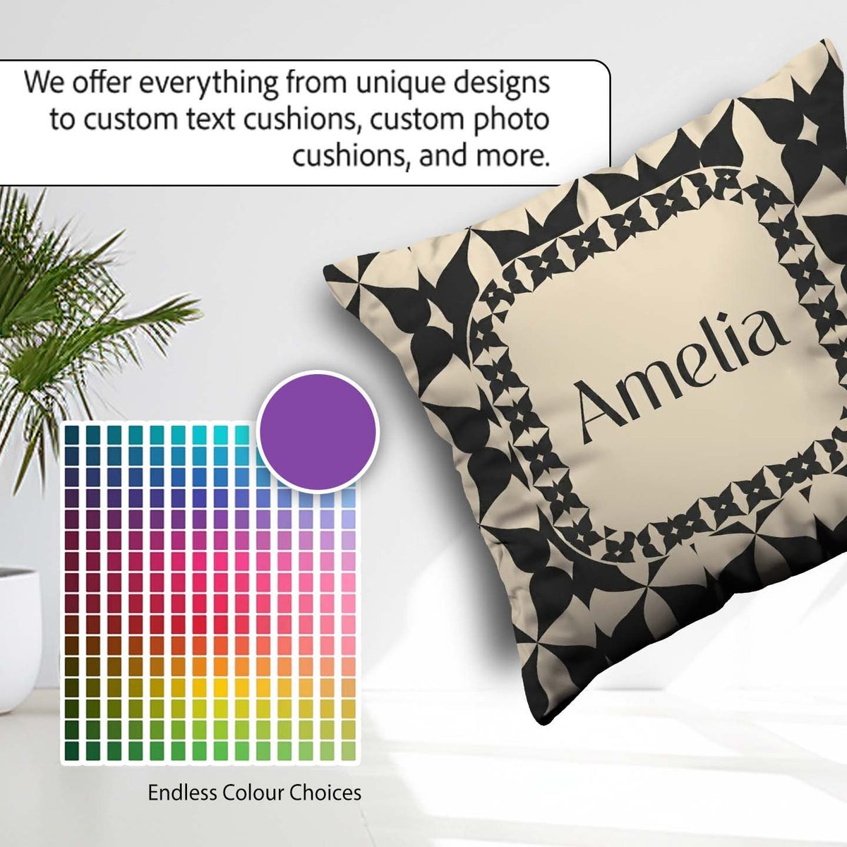 Custom Name Symmetrical Petal Tile Black Cream Geometric Pattern Square Filled Cushion Throw Pillow Sofa Bed Home Decor Zip Washable UK Made