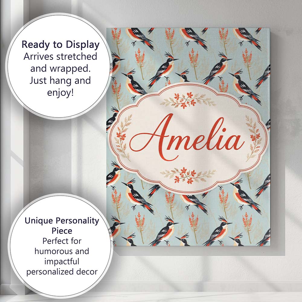 Personalised Name Stylized Woodpecker Birds Custom Bespoke Interior Contemporary Canvas Wall Art Print Decor Picture Ready to Hang
