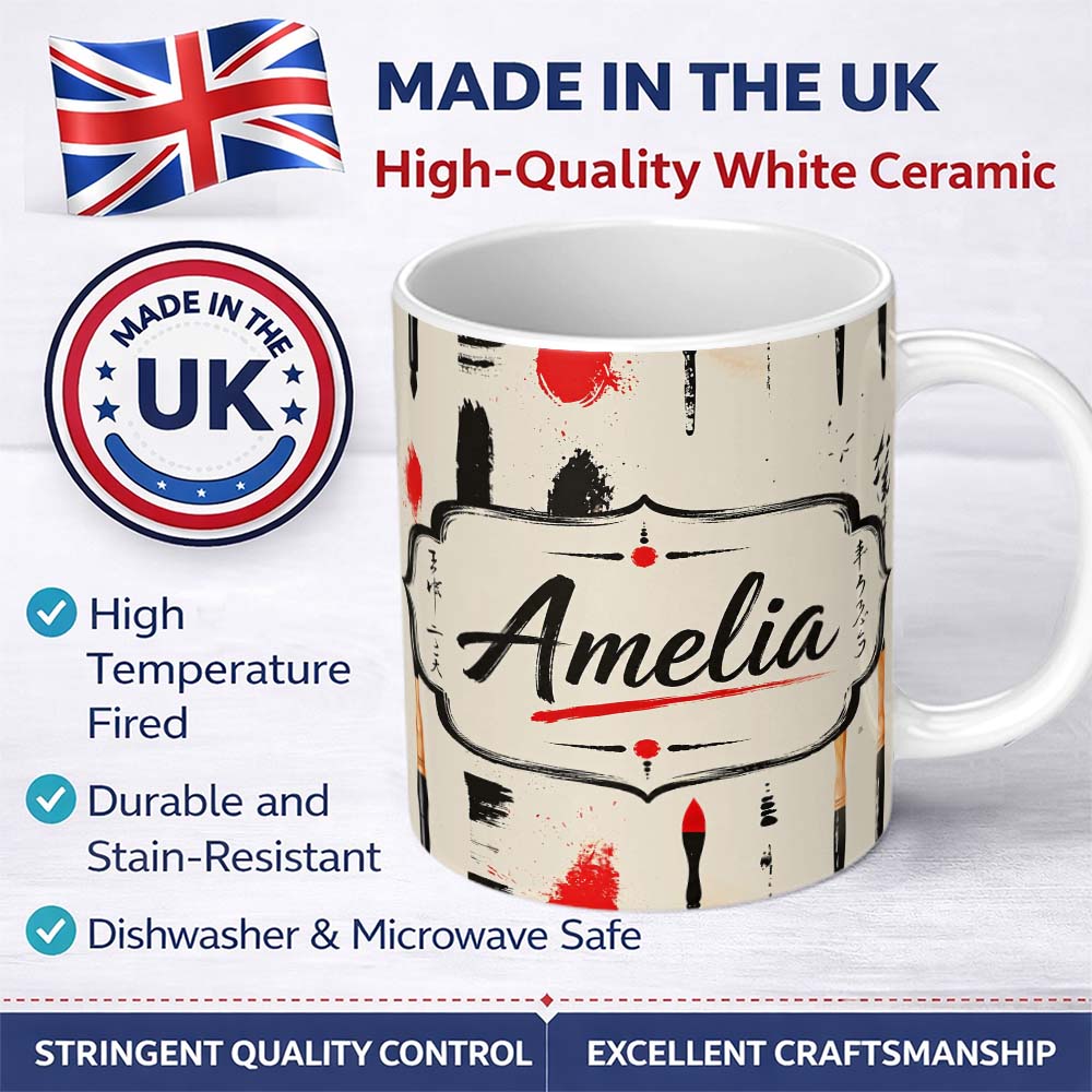 Personalized Custom Name Traditional Japanese Calligraphy Tools and Brush Strokes Layout 11oz Ceramic Coffee Tea Mug White Large Handle