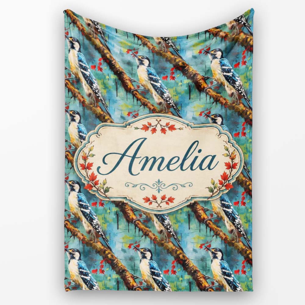 Artistic Blue Woodpecker on Tree Branch Seamless Pattern Lovely Personalised Custom Name Super Soft Fleece Blanket Bed Sofa Throw
