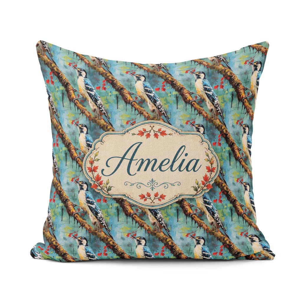Custom Name Artistic Blue on Tree Branch Seamless Pattern Lovely Square Filled Cushion Throw Pillow Sofa Bed Home Decor Zip Washable UK Made