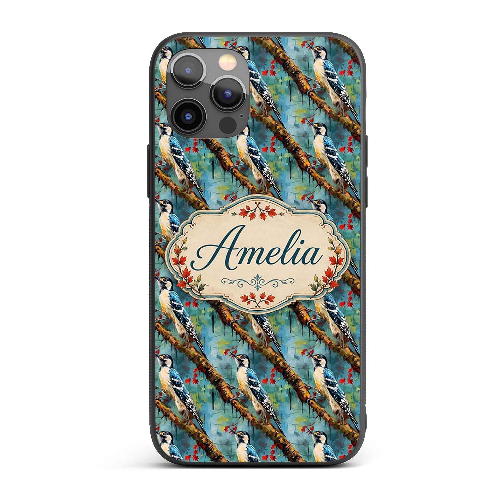 Artistic Blue Woodpecker on Tree Branch Seamless Custom Name Protective Phone Case Mobile Cover Durable Everyday Smartphone Shock Resistant