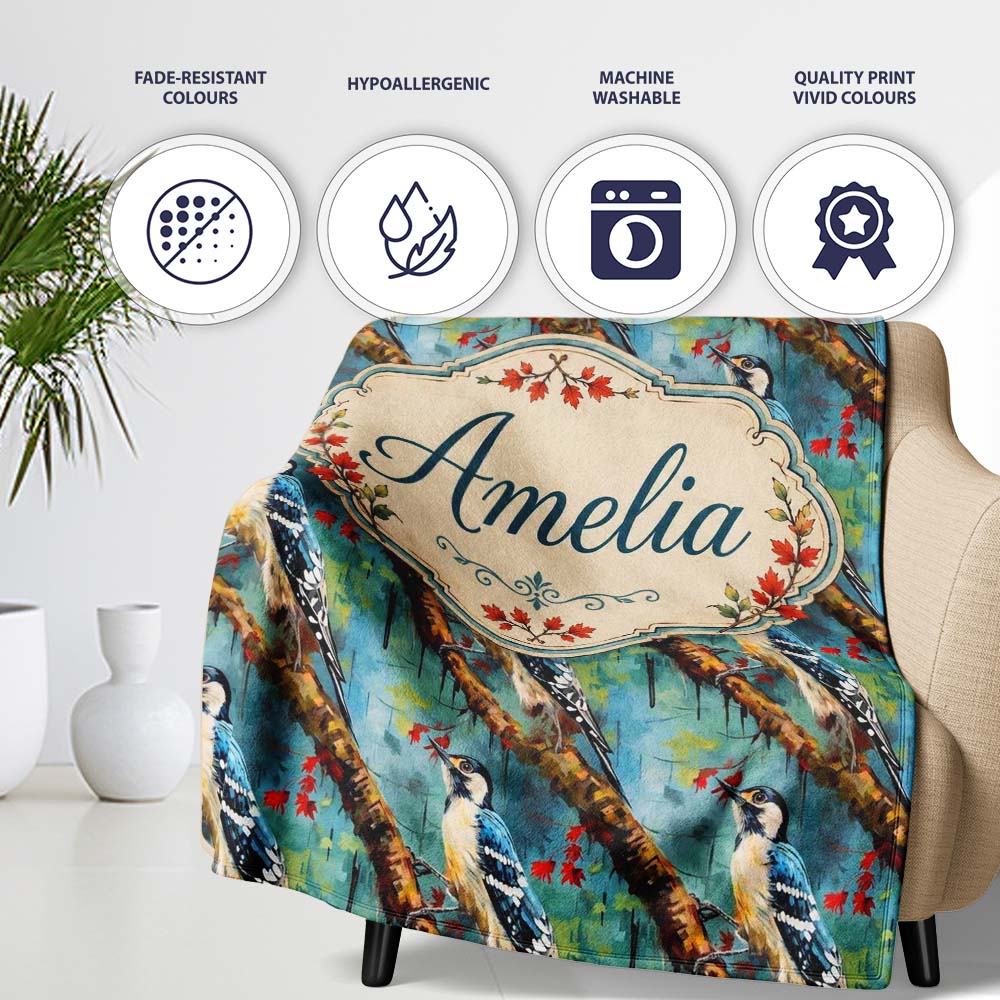 Artistic Blue Woodpecker on Tree Branch Seamless Pattern Lovely Personalised Custom Name Super Soft Fleece Blanket Bed Sofa Throw