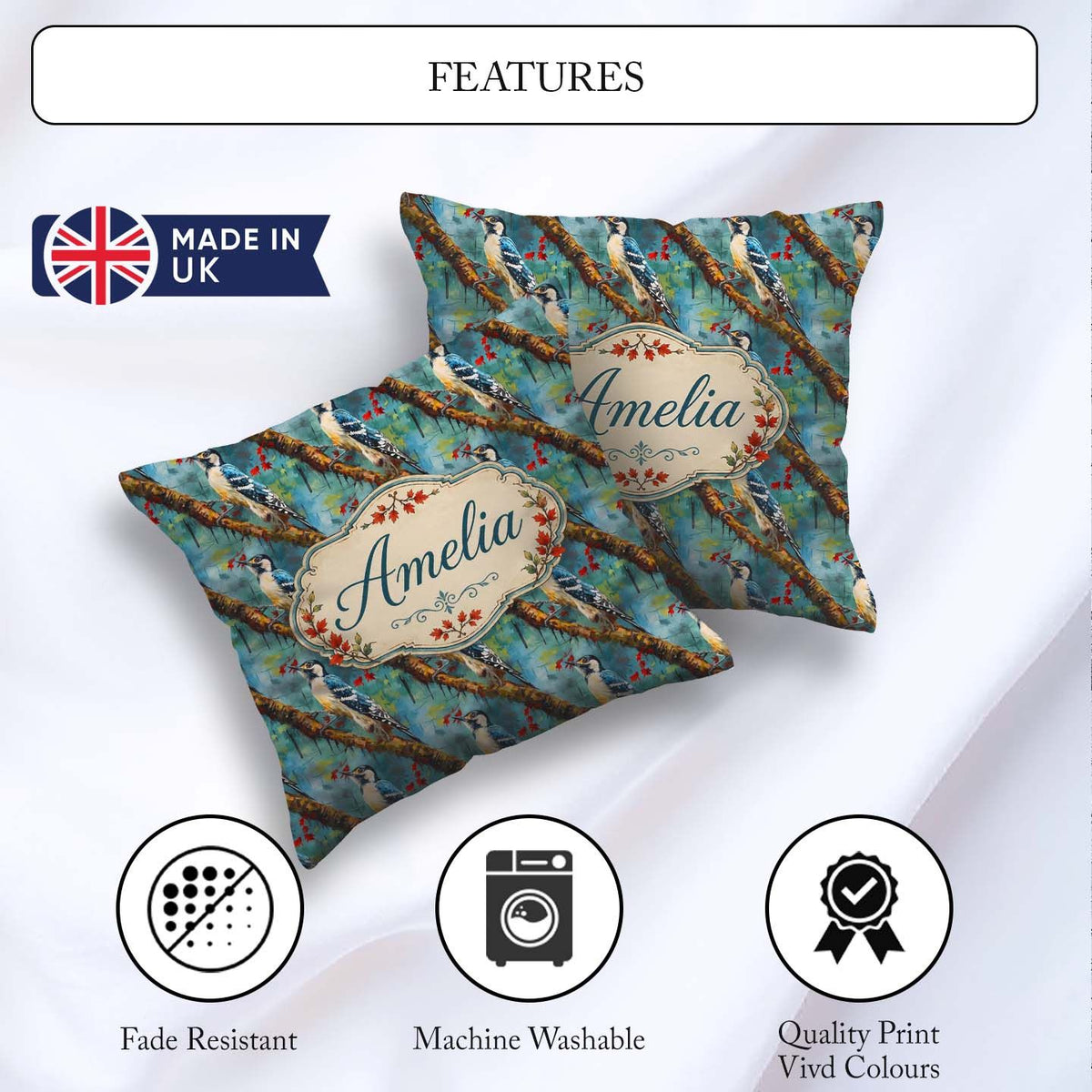 Custom Name Artistic Blue on Tree Branch Seamless Pattern Lovely Square Filled Cushion Throw Pillow Sofa Bed Home Decor Zip Washable UK Made