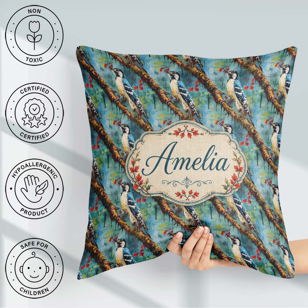 Custom Name Artistic Blue on Tree Branch Seamless Pattern Lovely Square Filled Cushion Throw Pillow Sofa Bed Home Decor Zip Washable UK Made