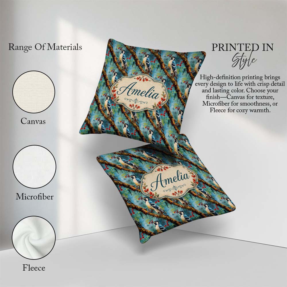 Custom Name Artistic Blue on Tree Branch Seamless Pattern Lovely Square Filled Cushion Throw Pillow Sofa Bed Home Decor Zip Washable UK Made