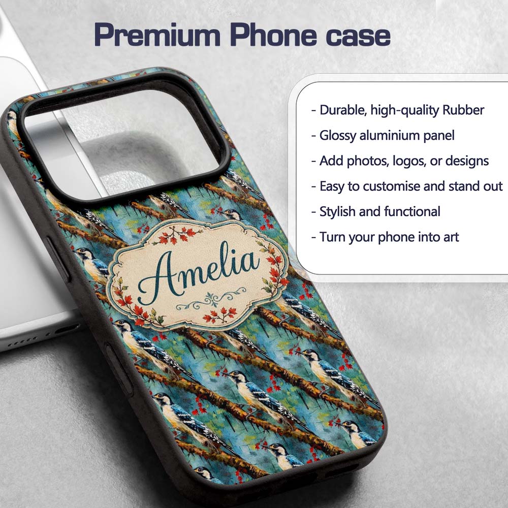 Artistic Blue Woodpecker on Tree Branch Seamless Custom Name Protective Phone Case Mobile Cover Durable Everyday Smartphone Shock Resistant