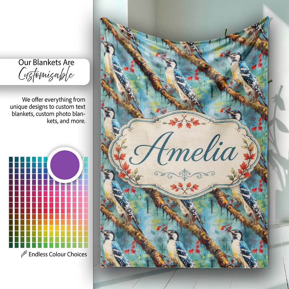Artistic Blue Woodpecker on Tree Branch Seamless Pattern Lovely Personalised Custom Name Super Soft Fleece Blanket Bed Sofa Throw