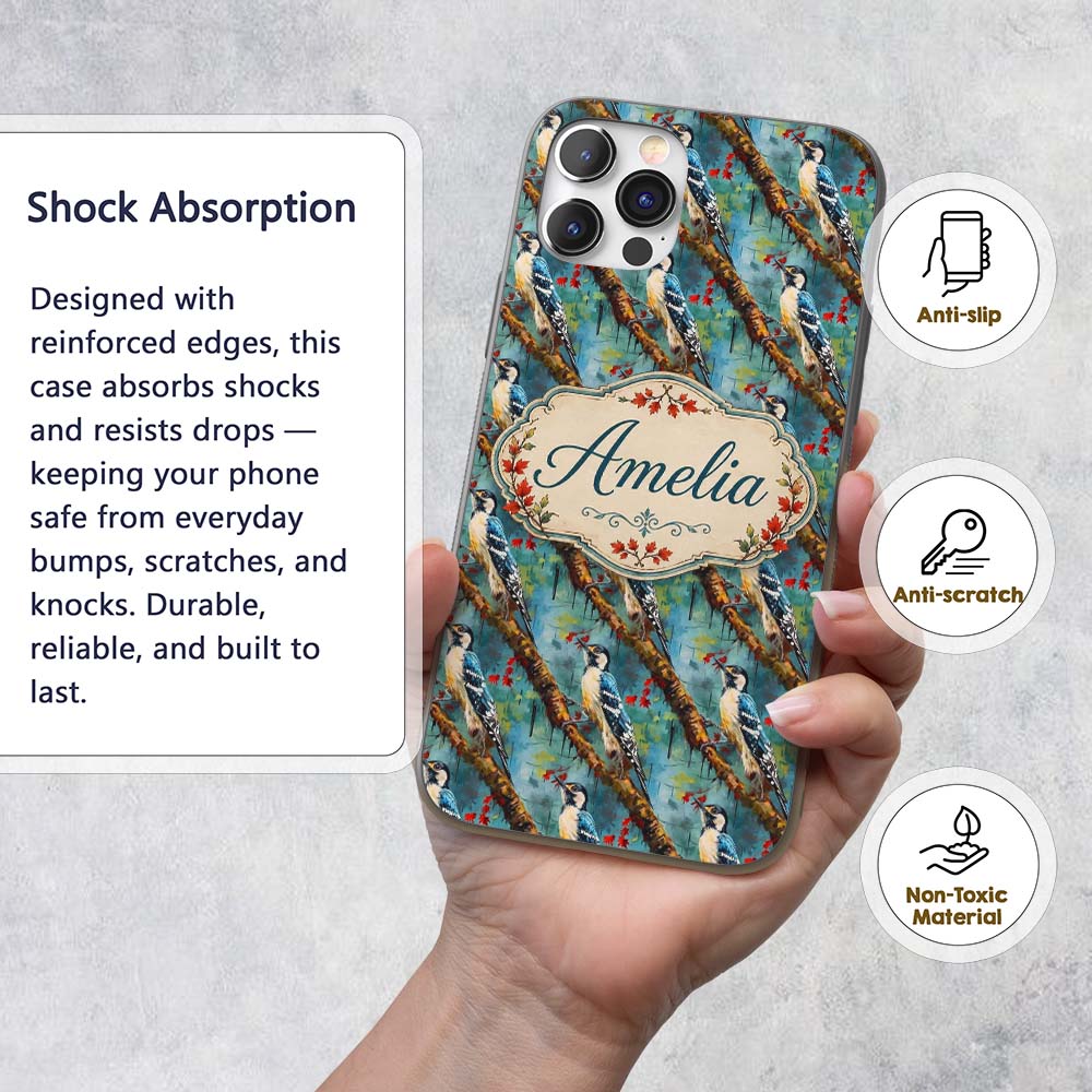 Artistic Blue Woodpecker on Tree Branch Seamless Custom Name Protective Phone Case Mobile Cover Durable Everyday Smartphone Shock Resistant