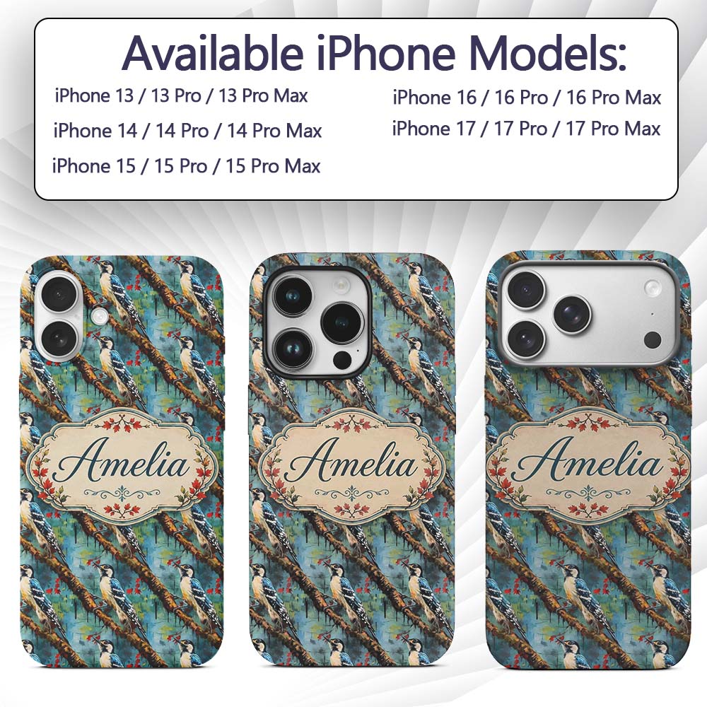 Artistic Blue Woodpecker on Tree Branch Seamless Custom Name Protective Phone Case Mobile Cover Durable Everyday Smartphone Shock Resistant