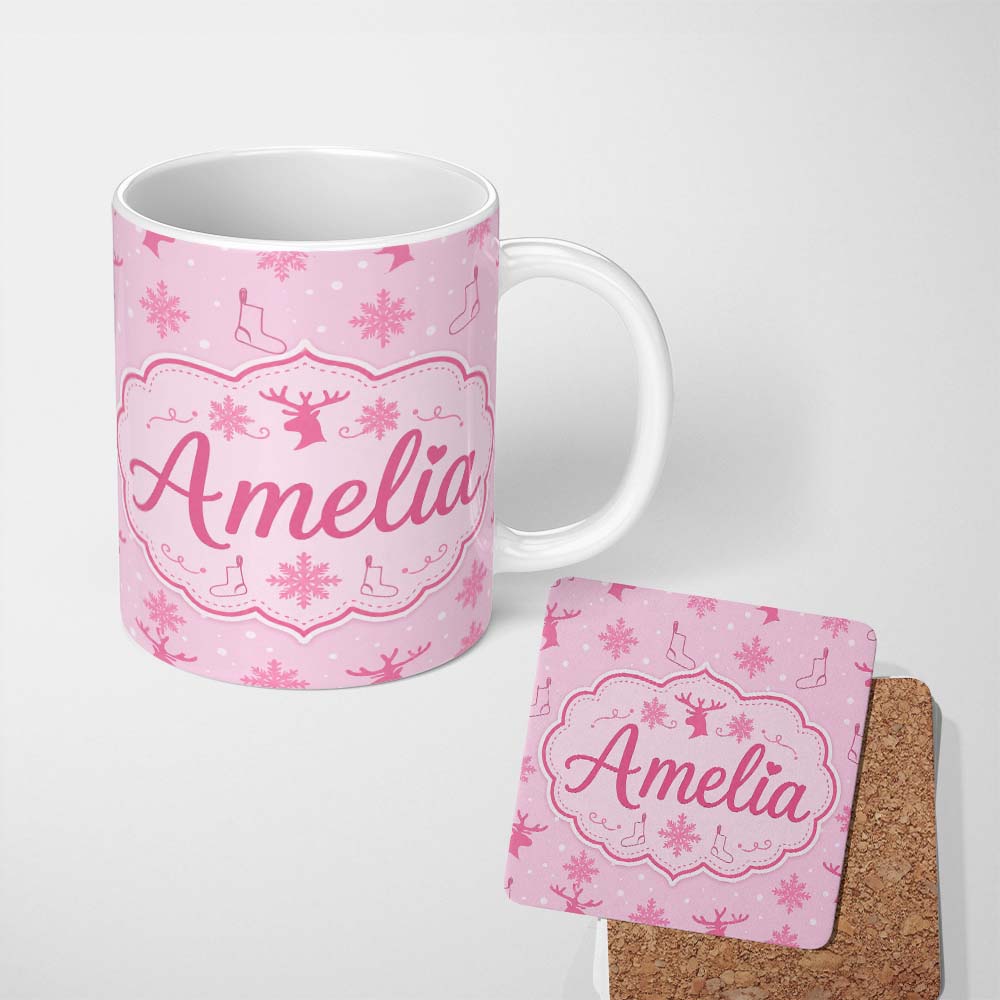 Personalized Custom Name Cute Reindeer Snowflake Stocking Pink Seamless Pattern Lovely 11oz Ceramic Coffee Tea Mug White Large Handle