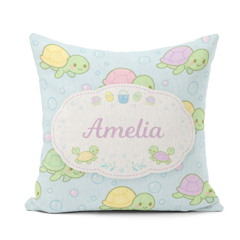 Custom Name Cute Pastel Turtle Cartoon Animal Ocean Pattern Cup Square Filled Cushion Throw Pillow Sofa Bed Home Decor Zip Washable UK Made