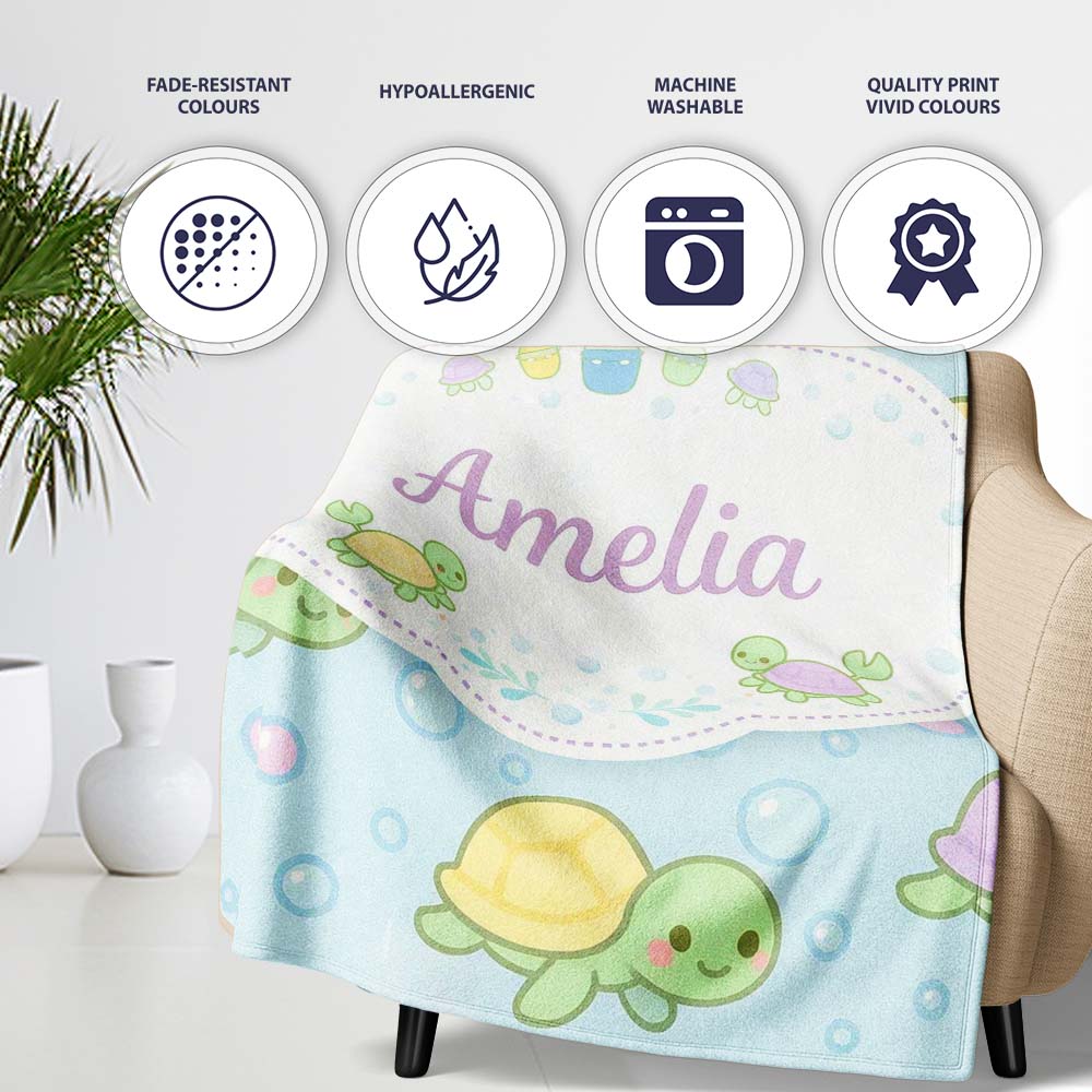 Cute Pastel Turtle Cartoon Animal Ocean Pattern Beautiful Coffee Cup Personalised Custom Name Super Soft Fleece Blanket Bed Sofa Throw