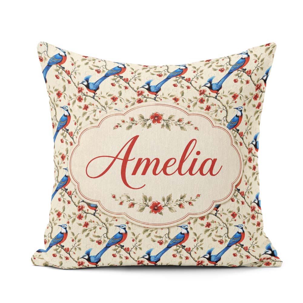 Custom Name Elegant and Red Birds Floral Branch Seamless Pattern Square Filled Cushion Throw Pillow Sofa Bed Home Decor Zip Washable UK Made