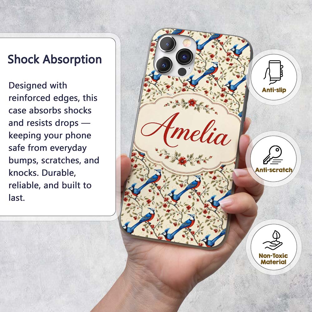 Elegant Blue and Red Birds with Floral Branch Custom Name Protective Phone Case Mobile Cover Durable Everyday Smartphone Shock Resistant