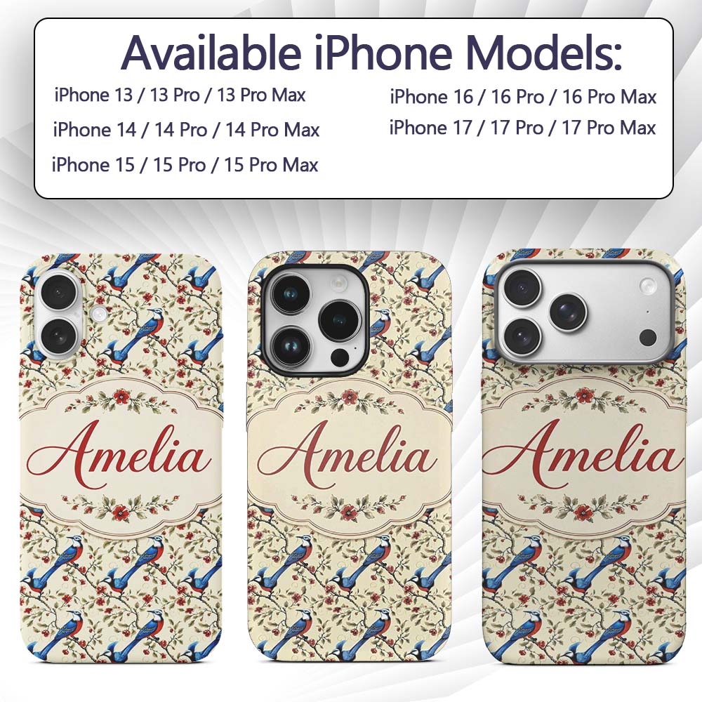 Elegant Blue and Red Birds with Floral Branch Custom Name Protective Phone Case Mobile Cover Durable Everyday Smartphone Shock Resistant