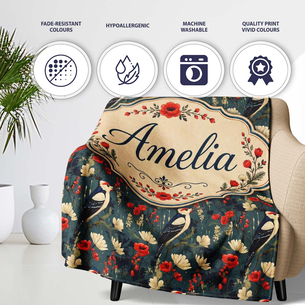 Vintage Woodpecker Birds with Floral Garden Seamless Pattern Lovely Personalised Custom Name Super Soft Fleece Blanket Bed Sofa Throw