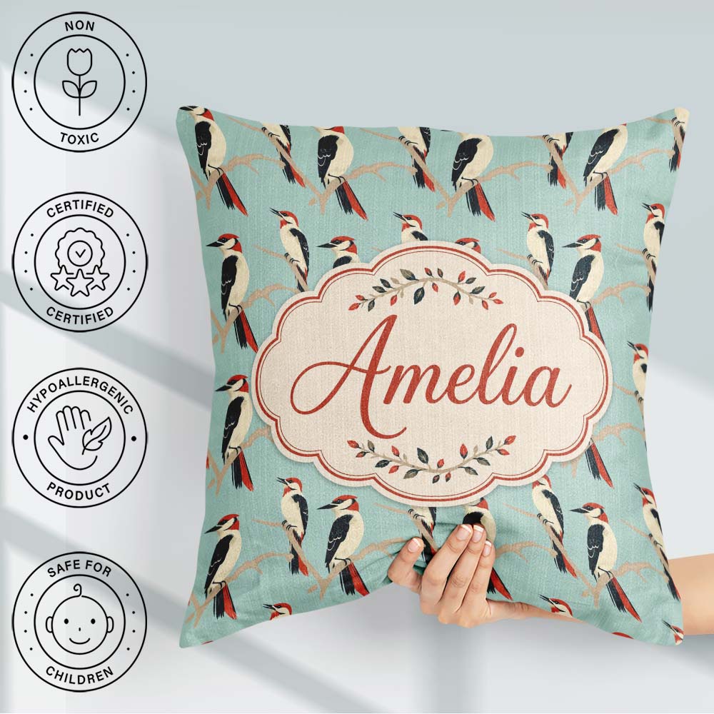 Custom Name Minimal Red Black Woodpecker Birds on Branch Pattern Square Filled Cushion Throw Pillow Sofa Bed Home Decor Zip Washable UK Made
