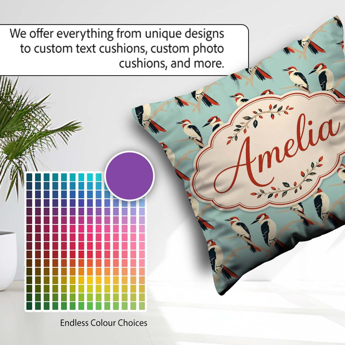 Custom Name Minimal Red Black Woodpecker Birds on Branch Pattern Square Filled Cushion Throw Pillow Sofa Bed Home Decor Zip Washable UK Made