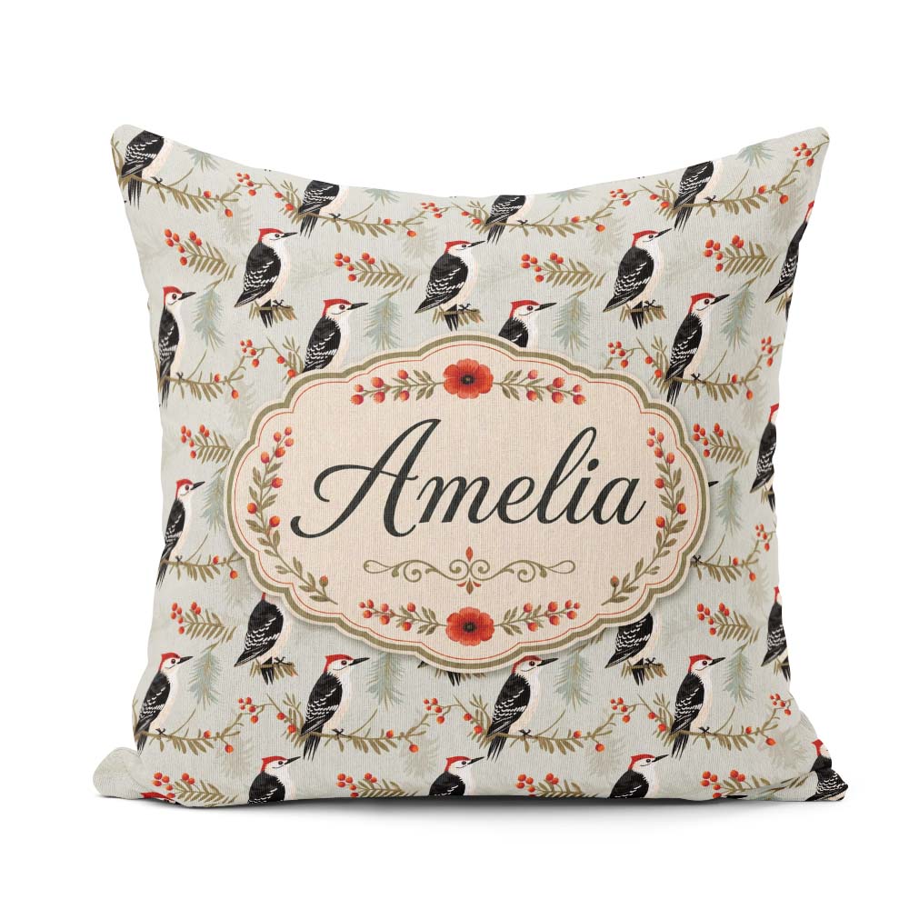 Custom Name Classic Black White Woodpecker Berry Branch Seamless Square Filled Cushion Throw Pillow Sofa Bed Home Decor Zip Washable UK Made